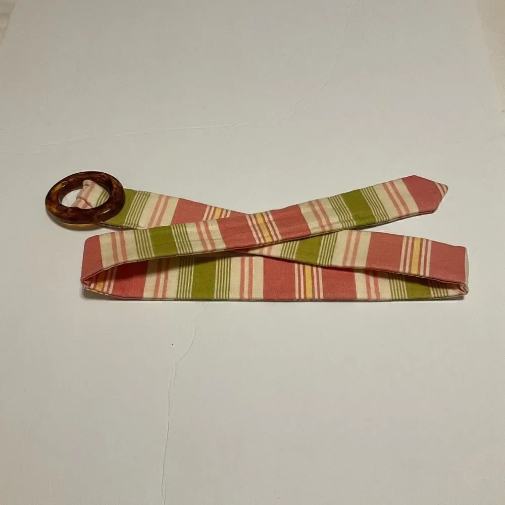Eliza B Preppy Fabric Striped Belt with Slide Tortoise Shell Buckle, Small